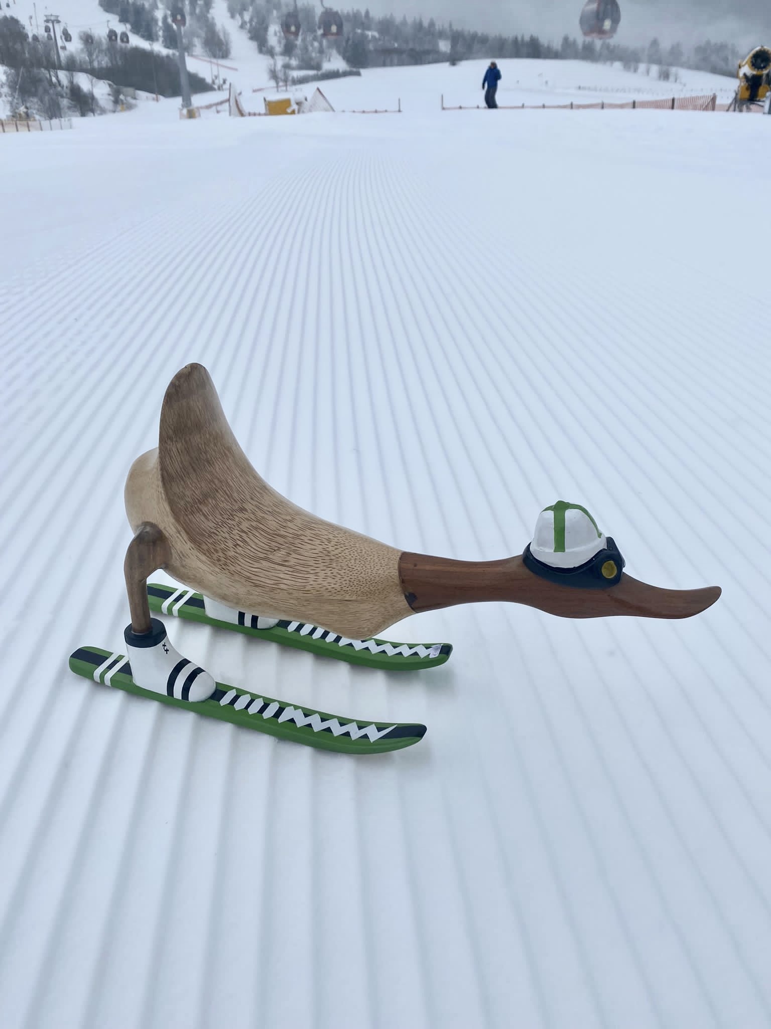 Skiënde eend van hout op de piste