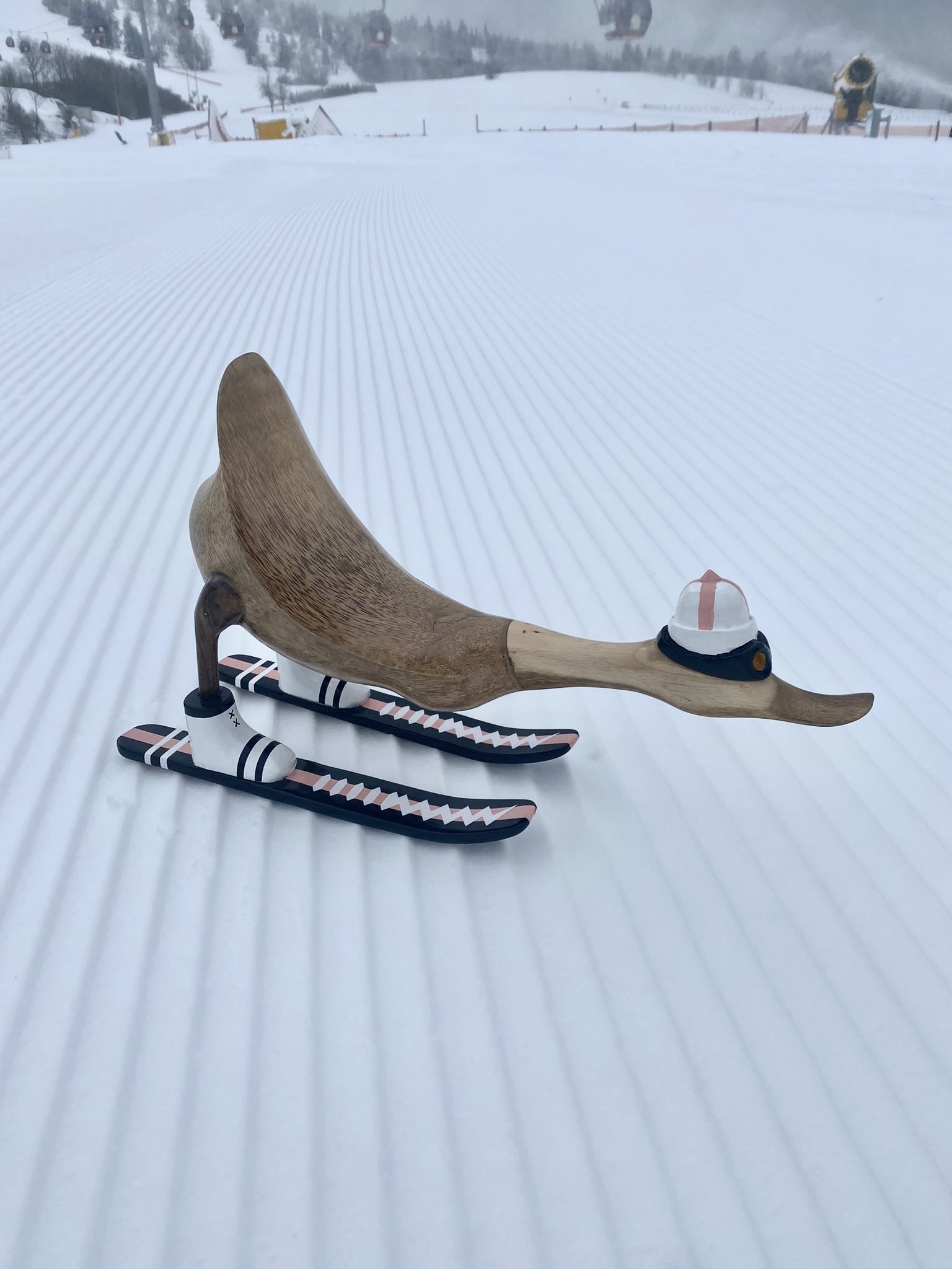 Skiënde eend van hout op de piste