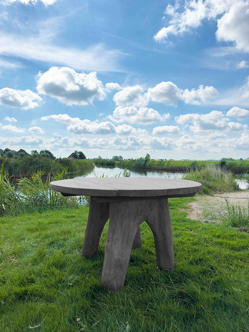 Rond eiken tuinset Athilla met 2 banken in grijze olie