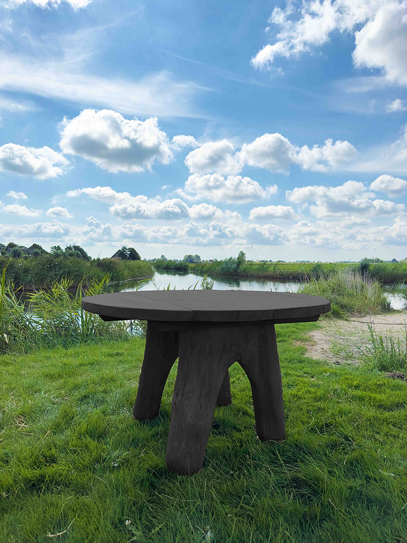 Rond eiken tuinset Athilla met 2 banken in zwarte olie