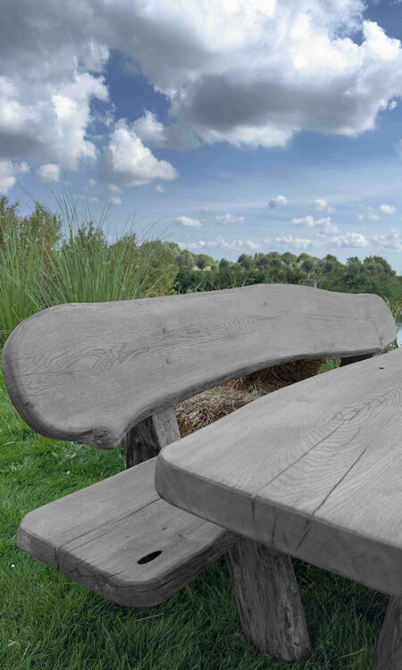 Eiken tuinset Athilla met 2 banken in grijze olie