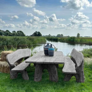 Eiken tuinset Athilla met 2 banken in grijze olie