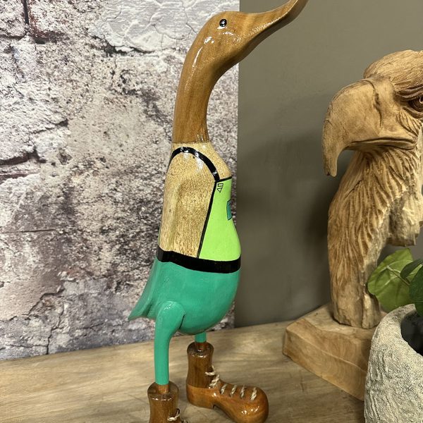 Houten eend in groen pakje is met de handgemaakt en beschilderd in een groen pakje