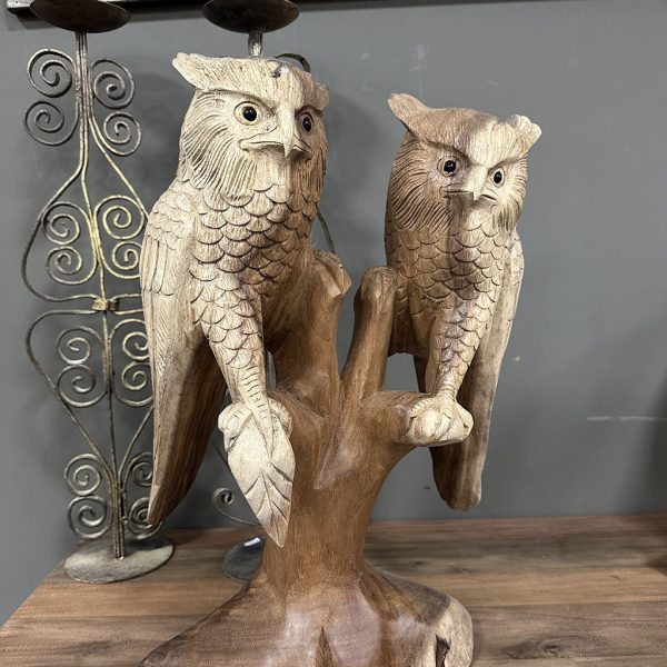 De uilen zijn met de hand gesneden uit een stuk suar hout en daarna geplaatst op een mooie stam.
