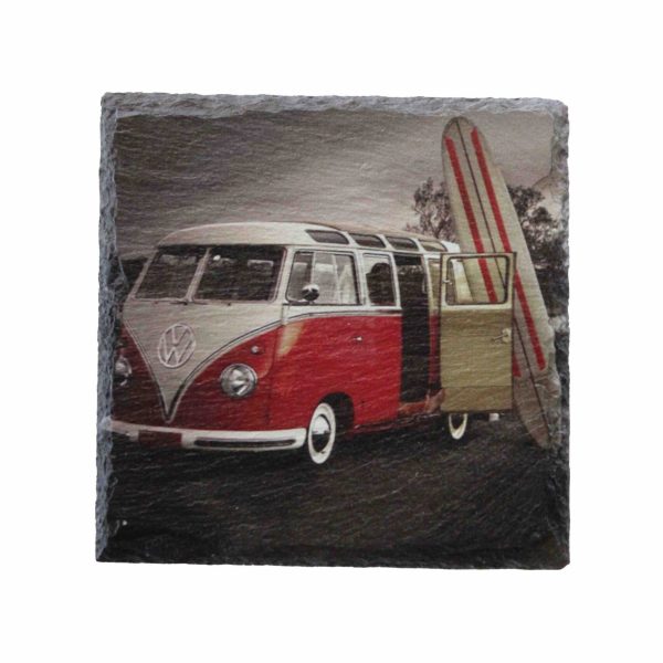 Leistenen onderzetter met Volkswagen busje rood