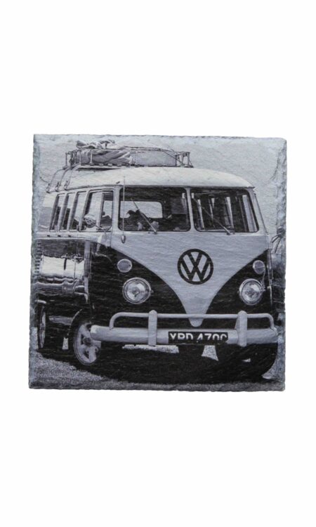 Leistenen onderzetter met Volkswagen busje zwart wit