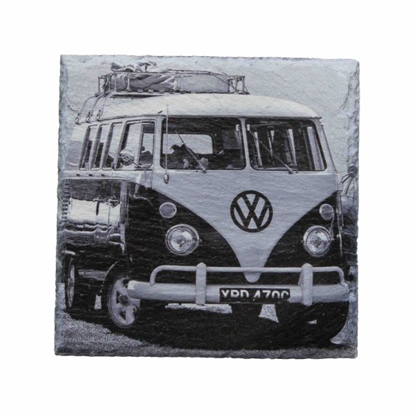 Leistenen onderzetter met Volkswagen busje zwart wit