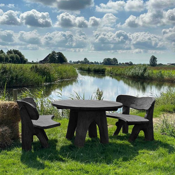 Rond eiken tuinset Athilla met 2 banken in zwarte olie