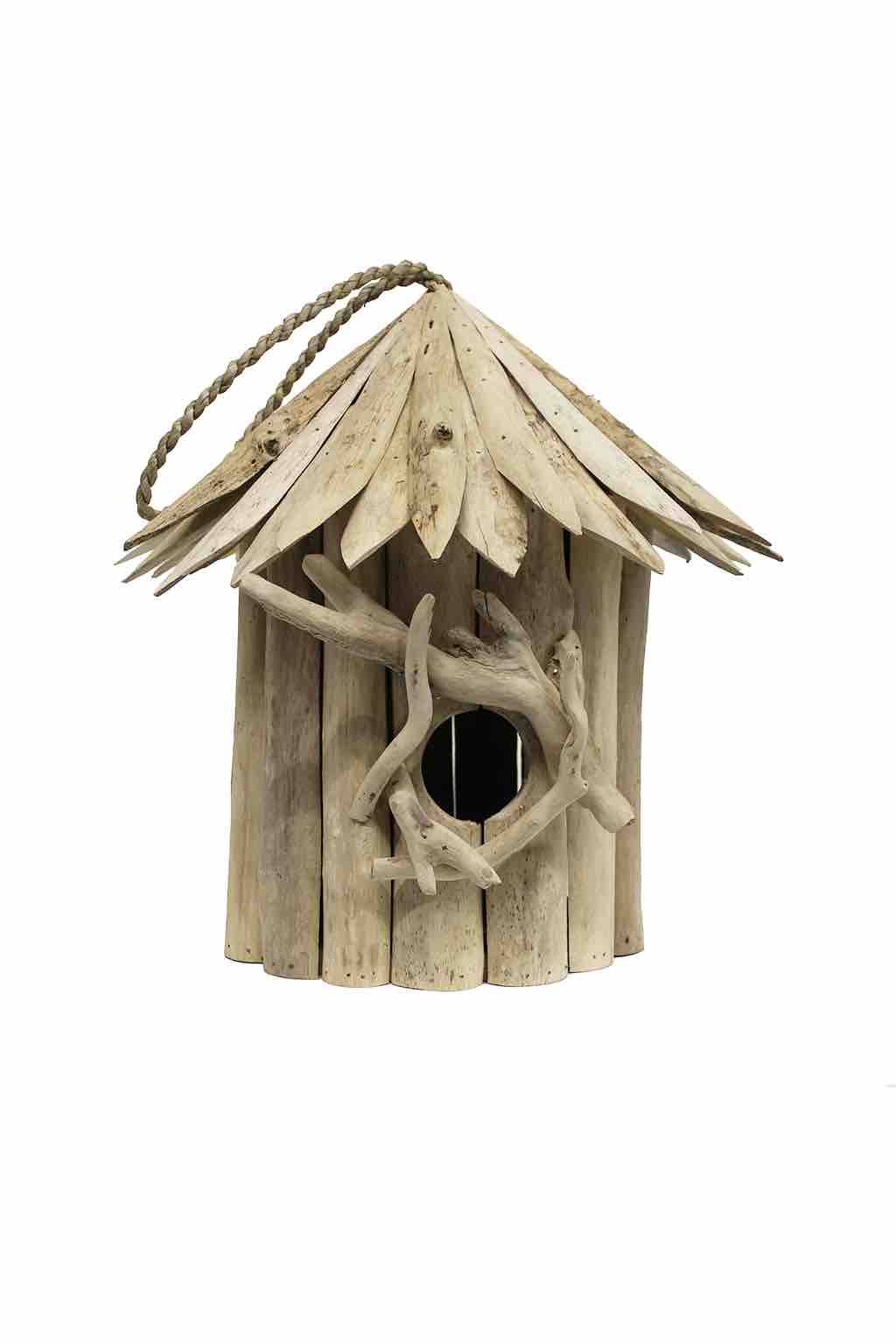 Hangend vogelhuis van drijfhout - een uniek en natuurlijk toevluchtsoord voor vogels in je tuin.