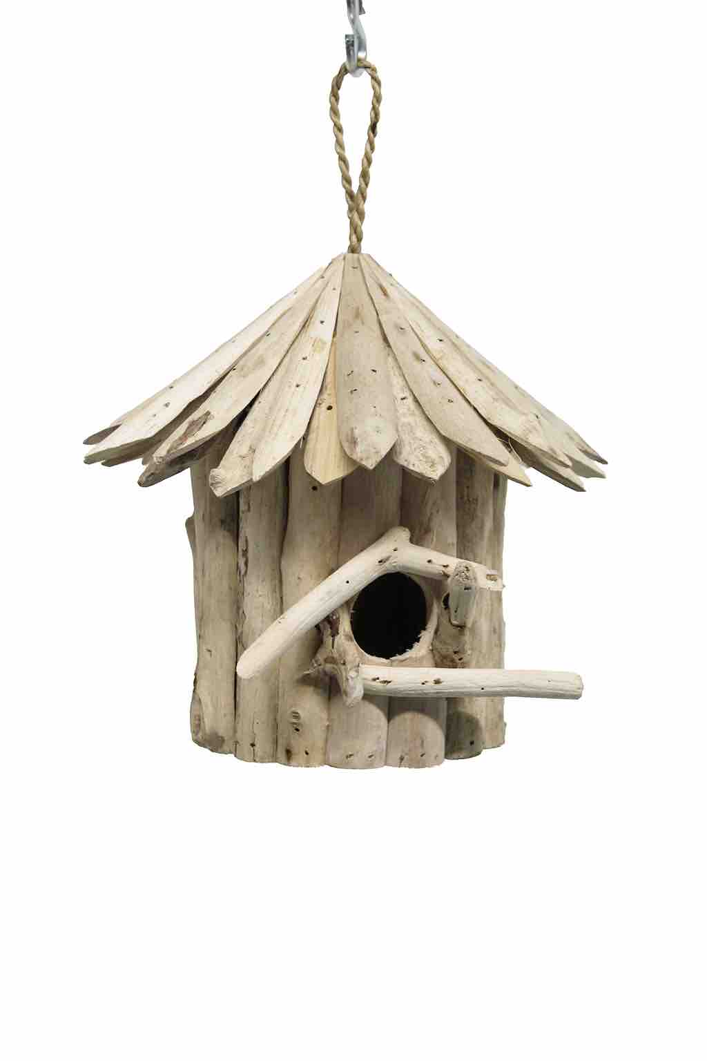Hangend vogelhuis van drijfhout - een uniek en natuurlijk toevluchtsoord voor vogels in je tuin.