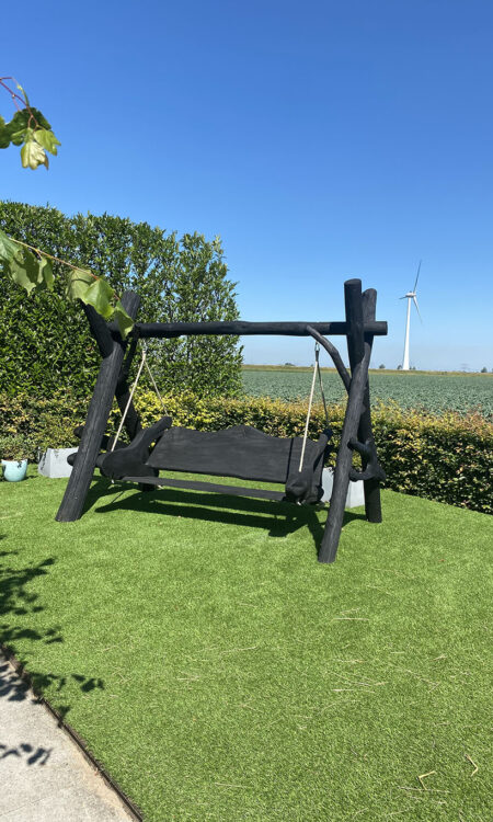 Een prachtige zwarte houten schommel die aan de rand van een weiland staat