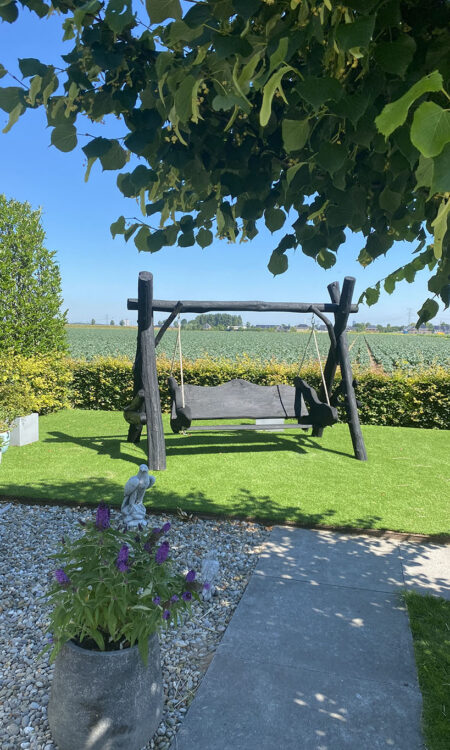 Een prachtige zwarte houten schommel die aan de rand van een weiland staat