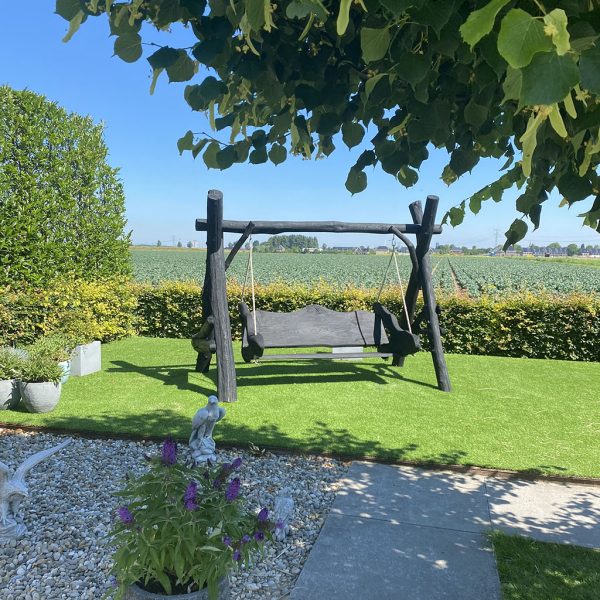 Een prachtige zwarte houten schommel die aan de rand van een weiland staat