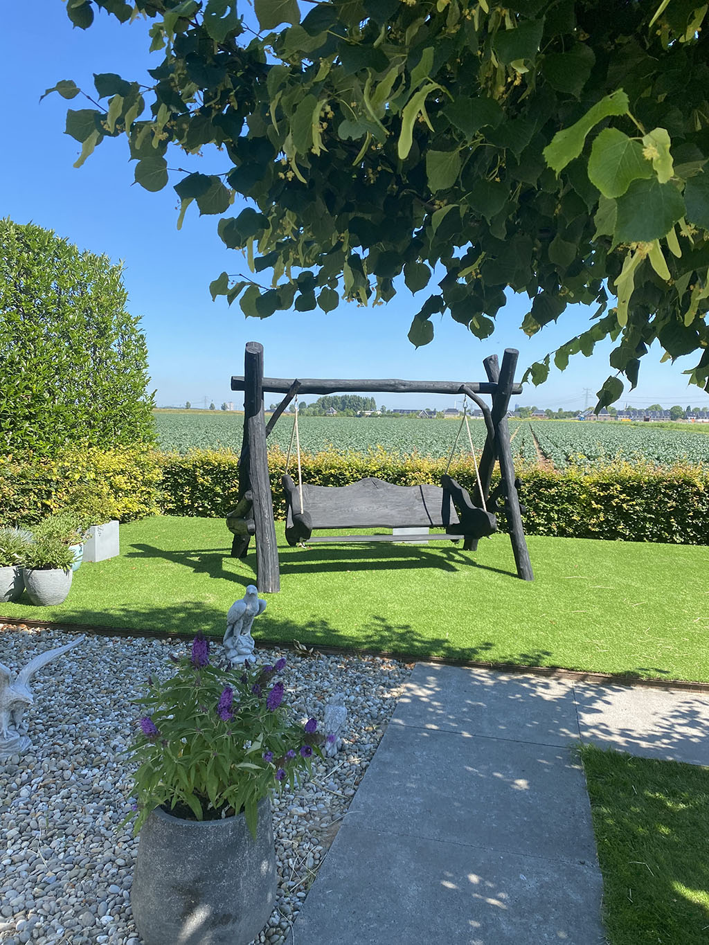 Een prachtige zwarte houten schommel die aan de rand van een weiland staat