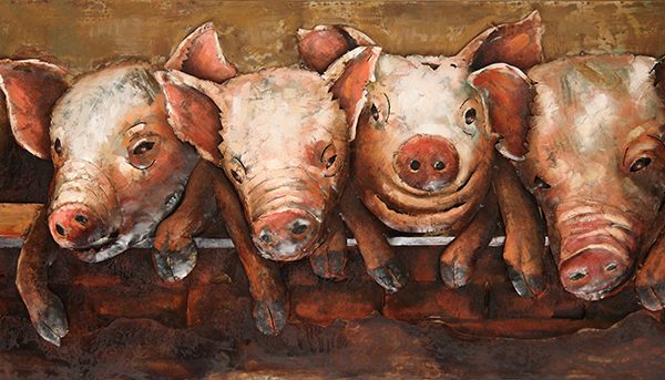 3D schilderij met vier handbeschilderde biggetjes op stalen wanddecoratie in warme kleuren