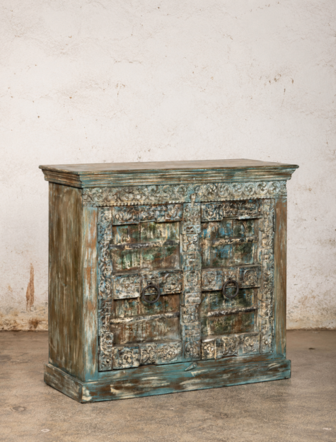India dressoir Reya met handgesneden deuren en blauwgroene afwerking
