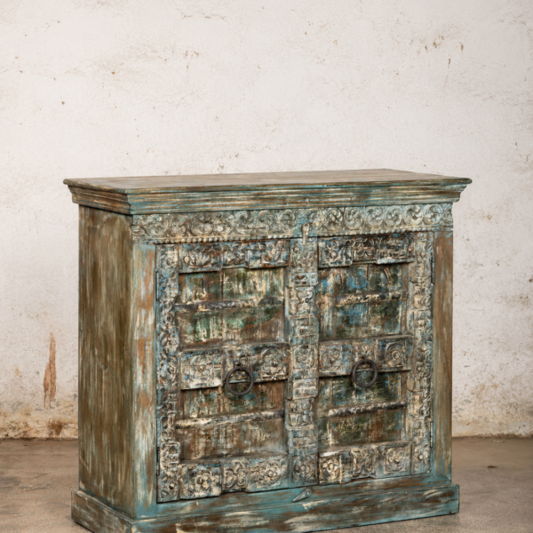 India dressoir Reya met handgesneden deuren en blauwgroene afwerking