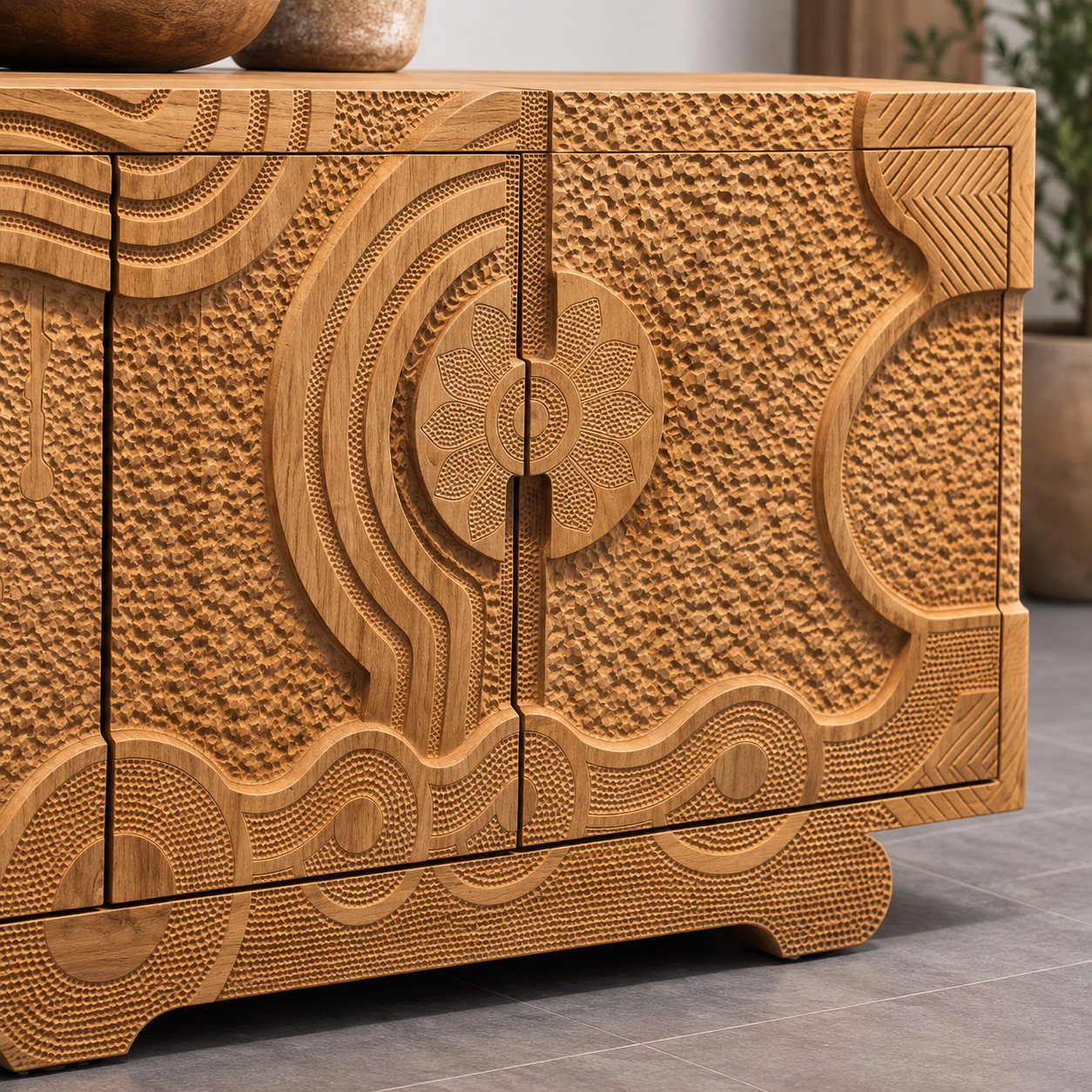 Dressoir Riva close-up van het reliëffront met houtsnijwerk