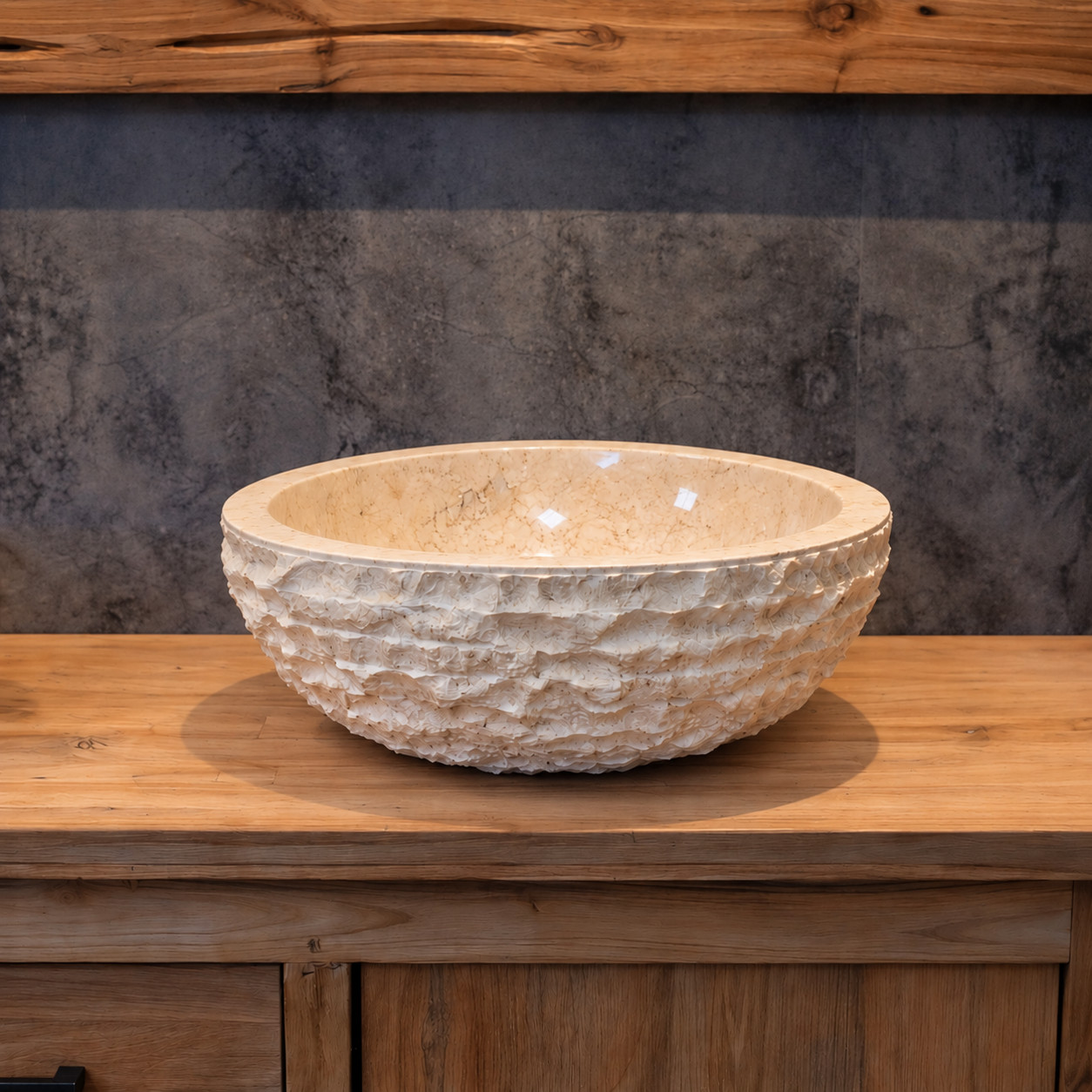 Natuurstenen waskom rond – marmer ruw crème – 40 cm